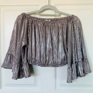 She + Sky off shoulder wide ruffle bell sleeves foil rose gold crop top